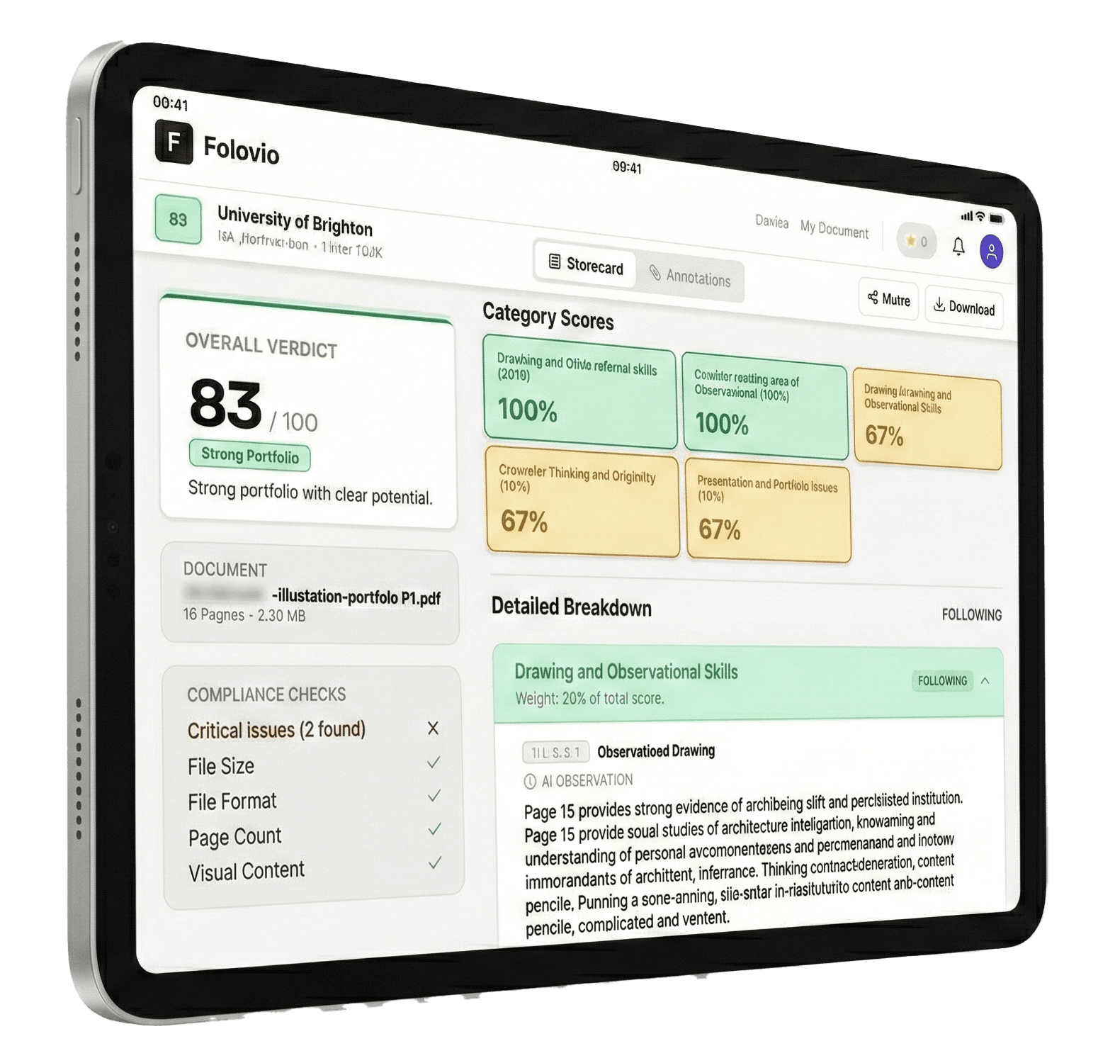 Foliovo portfolio review app on iPad